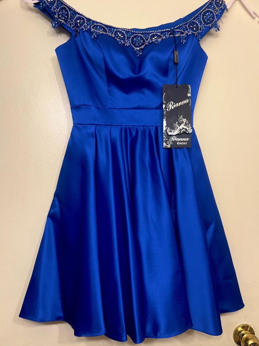 Royal Blue Satin Off Shoulder Beaded Dress Size 6 NWT (Graduation, Formal)
